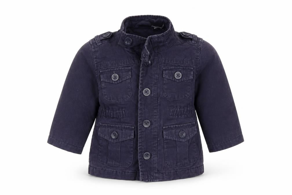 Front view of Gap boys’ blue military jacket coat, size 12-18, months
