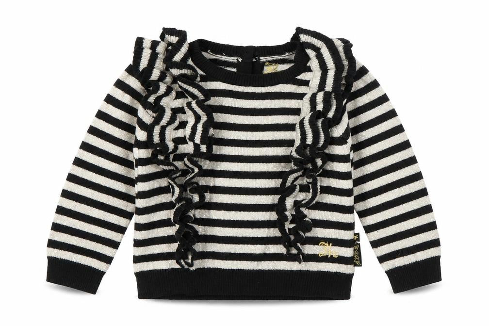 Front view of Baby K girls’ black striped cardigan jumper, size 6-9, months