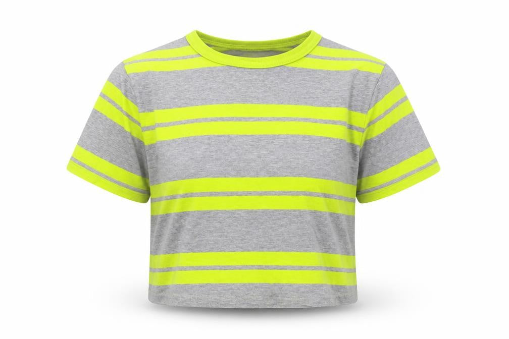 Front view of Gap girls’ grey striped cropped t-shirt, size 10-11, years