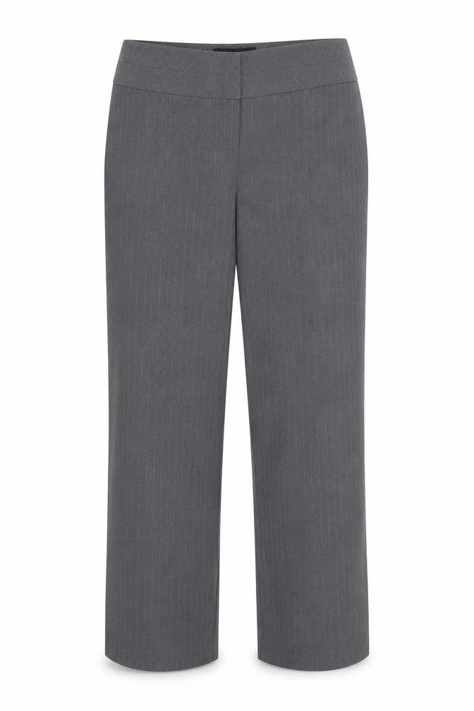 Front view of Evie women’s grey striped trousers, size UK 14, 23-inch leg