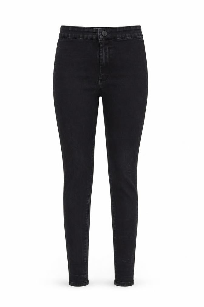 Front view of Denim & Co. women’s black denim skinny jeans, size UK 12, 25-inch leg