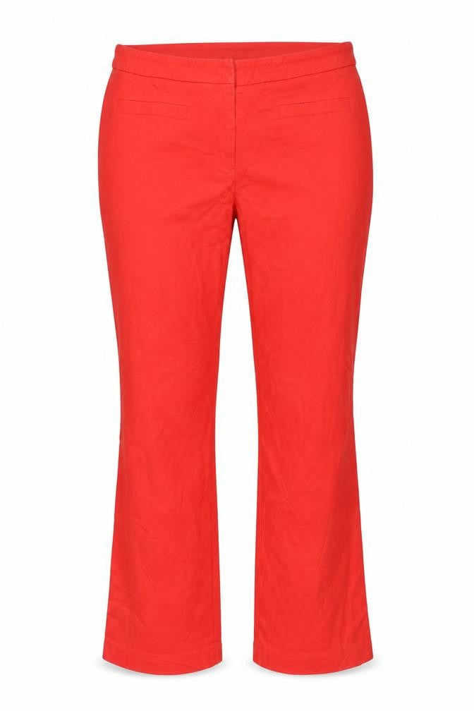 Front view of Cambio women’s red trousers, size UK 34, in, 27-inch leg
