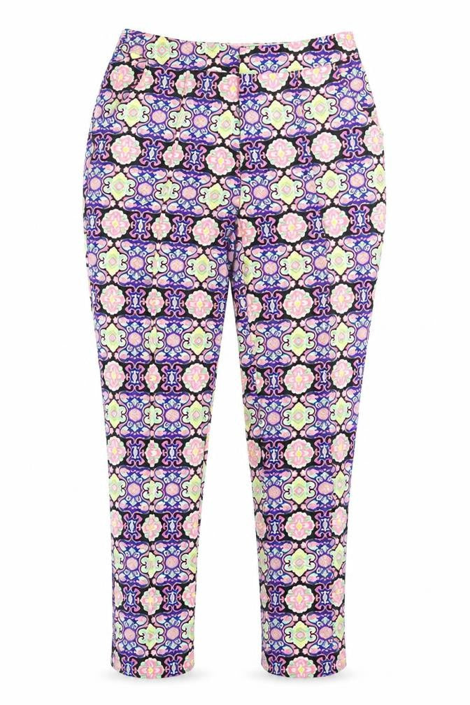 Front view of Missguided women’s blue geometric trousers, size UK 10, 28-inch leg