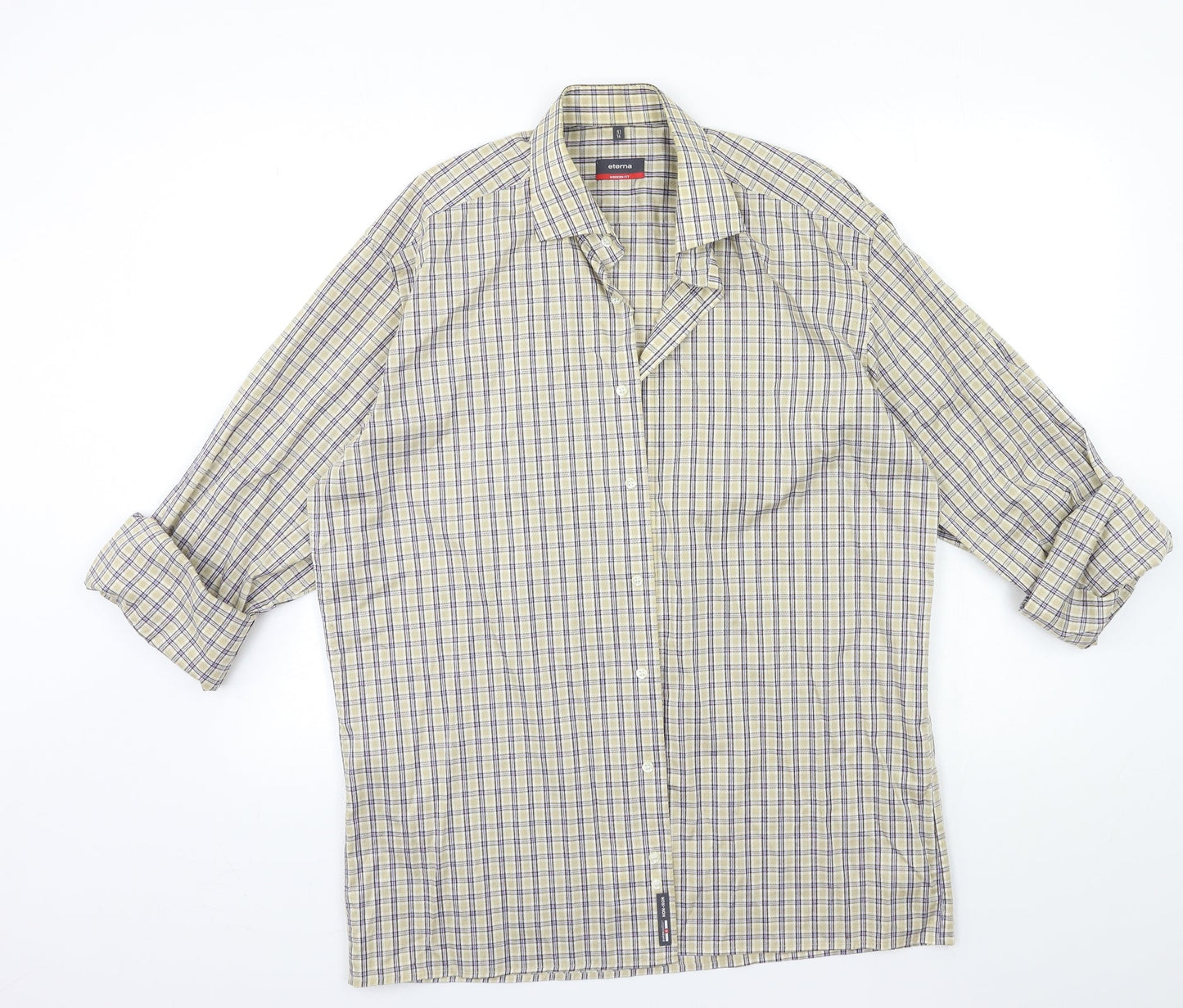 Eterna Mens Beige Check   Button-Up Size 16