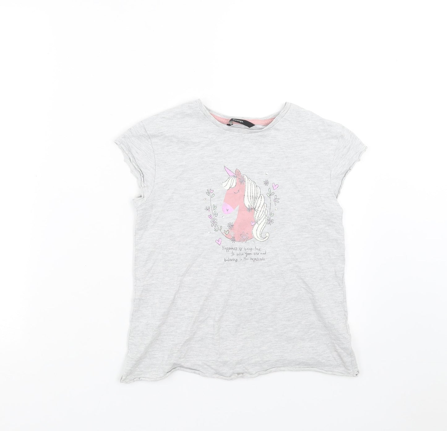 George Girls Grey   Basic T-Shirt Size 9-10 Years  - unicorn