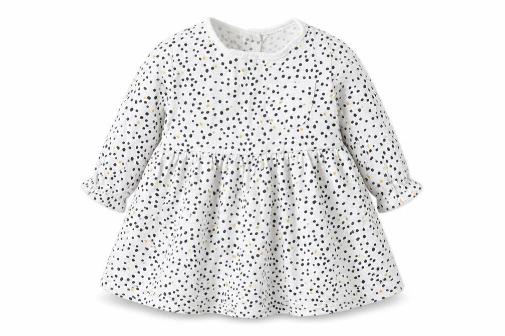 Front view of Matalan girls’ white polka dot skater dress, size 3-6, months