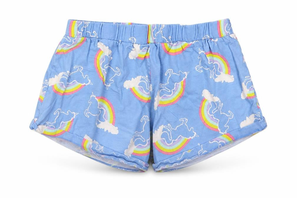 Front view of ASOS women’s blue geometric sweat shorts, size UK 6, - unicorns loungewear