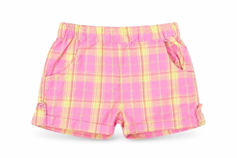 Front view of E-vie Angel girls’ pink check boyfriend shorts, size 2-3, years