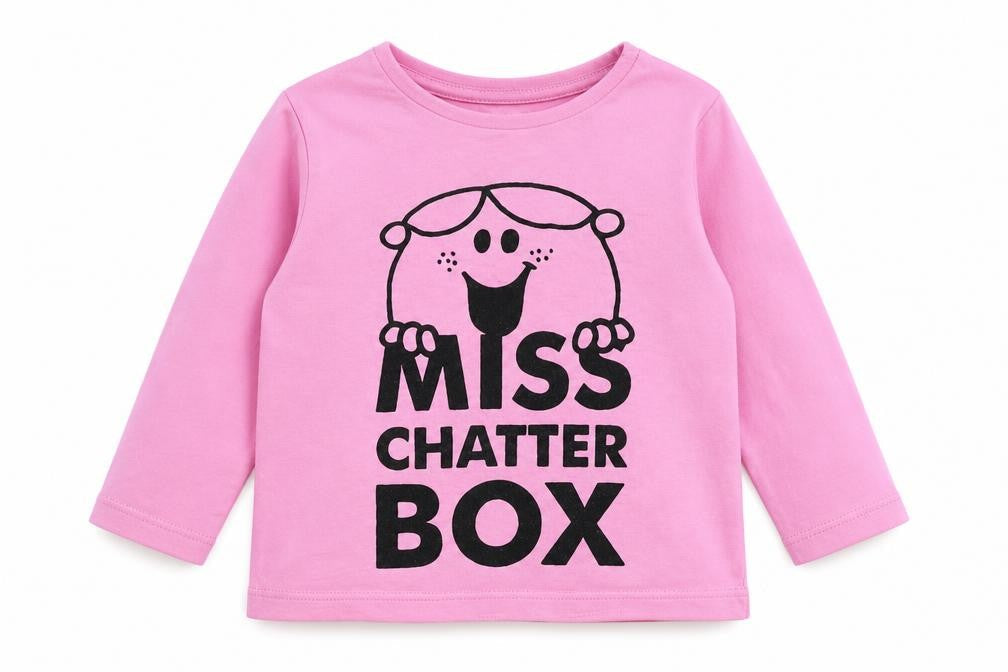 Front view of Mr Men girls’ pink basic t-shirt, size 3-6, months - little miss chatterbox