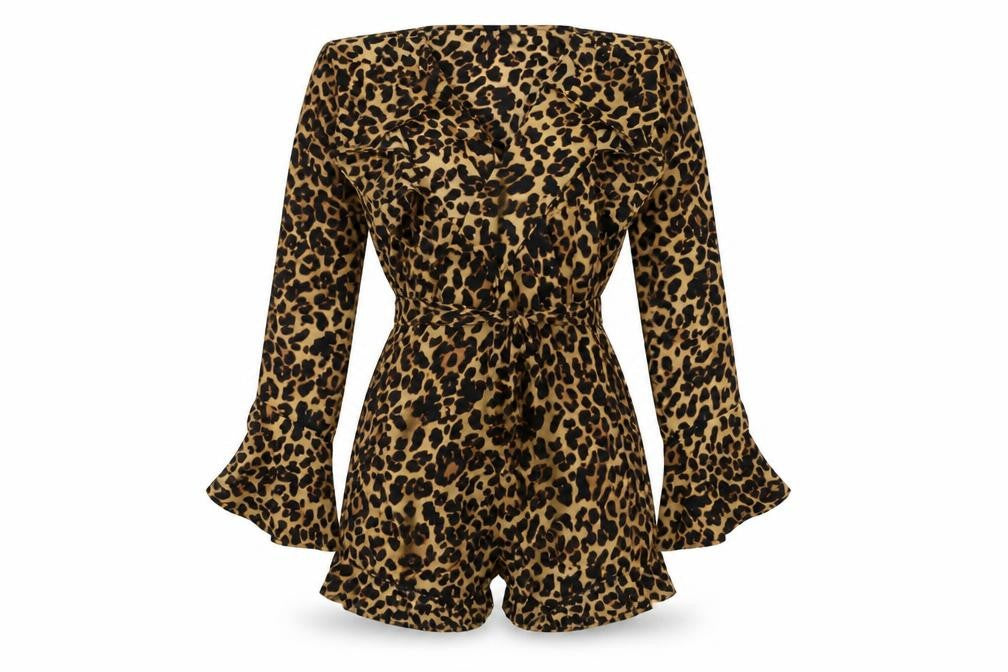 Front view of Missguided women’s beige animal print jumpsuit one-piece, size UK 8