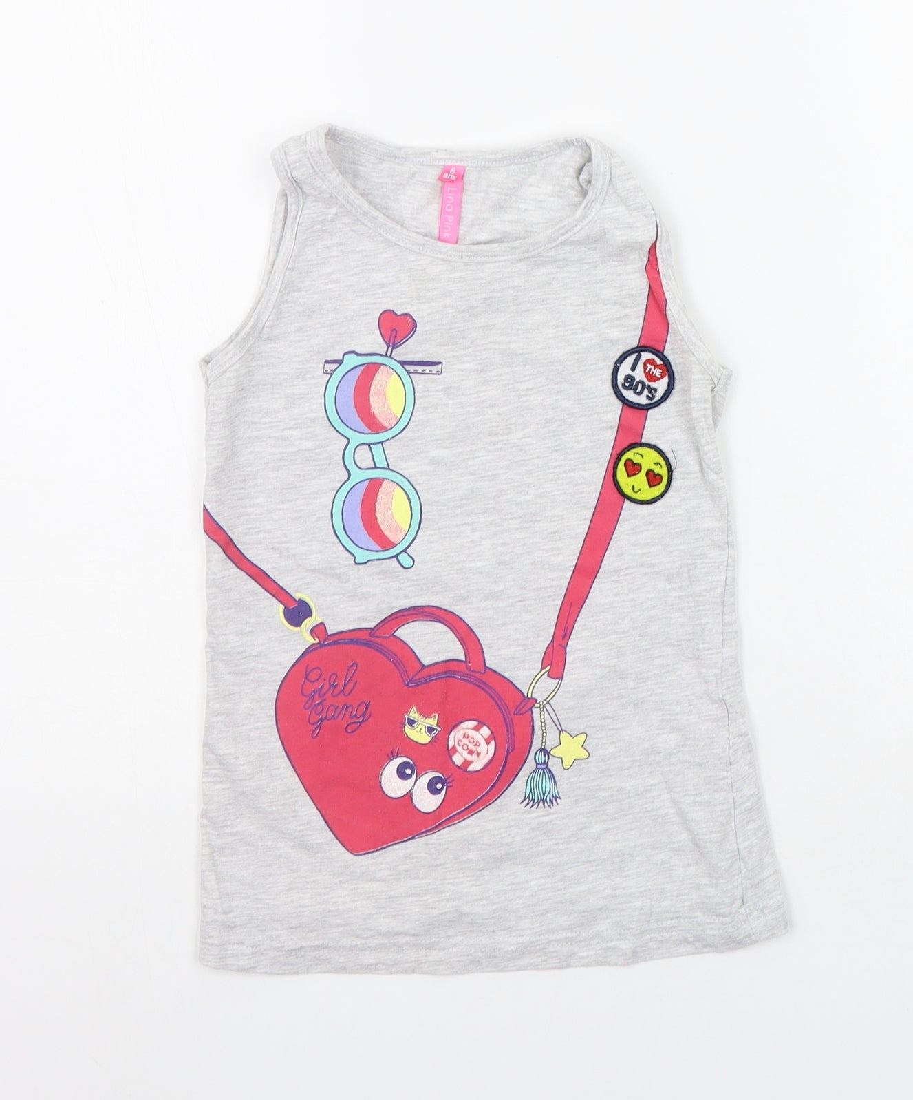 lina pink Girls Grey   Basic Tank Size 8 Years  - details on chest