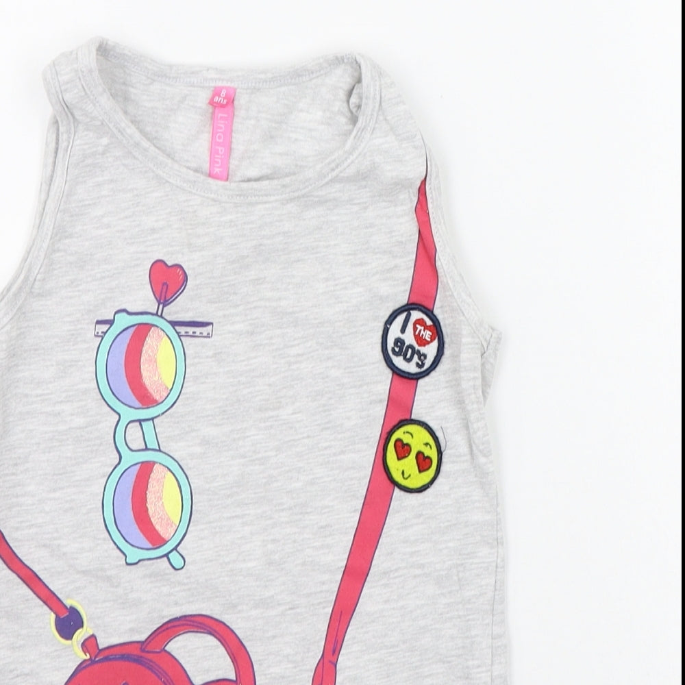 lina pink Girls Grey   Basic Tank Size 8 Years  - details on chest