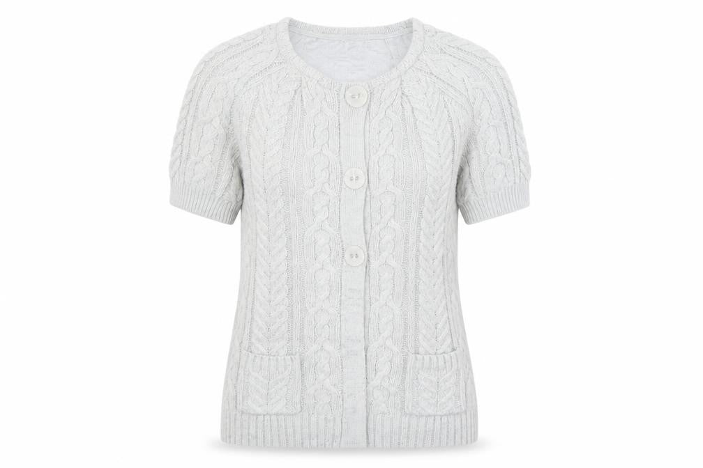 Front view of Savoir women’s grey cardigan jumper, size M