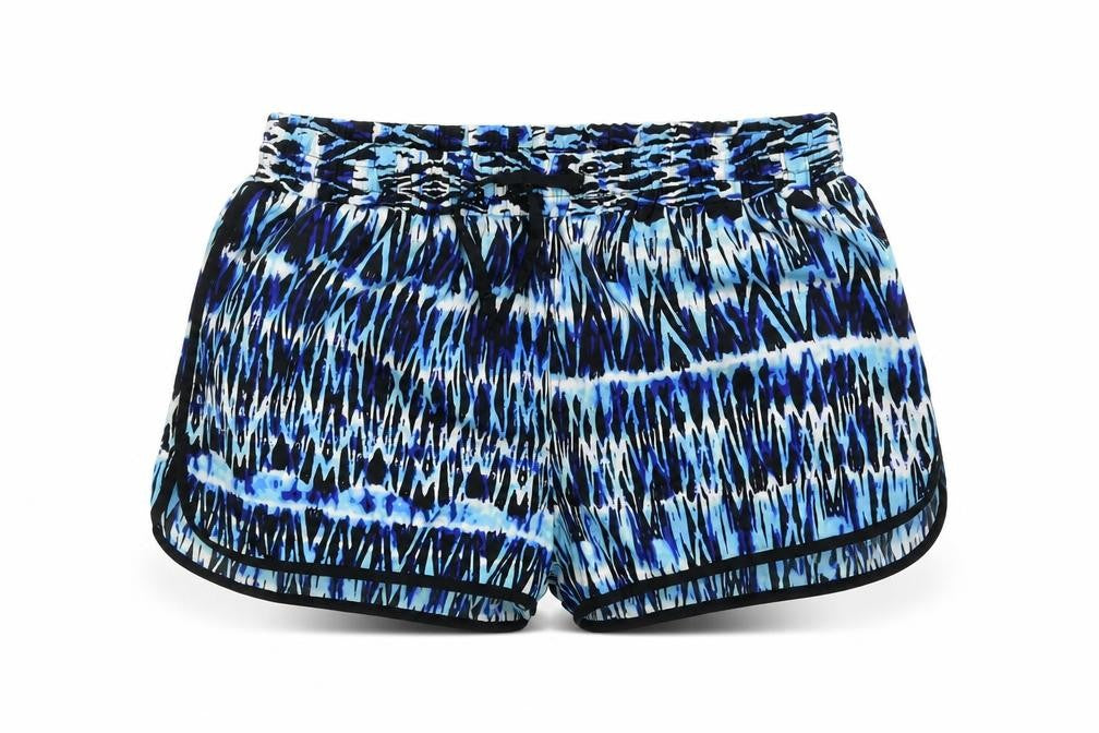 Front view of Denim & Co. women’s multicoloured geometric hot pants shorts, size UK 8