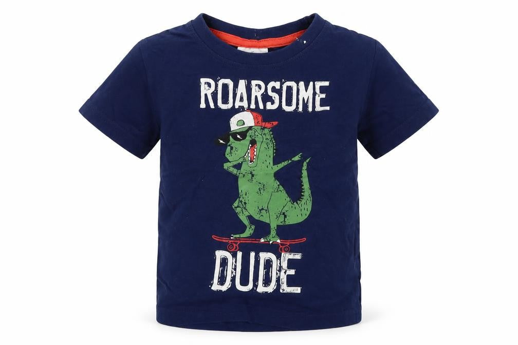 Front view of Peacocks boys’ blue pullover t-shirt, size 9-12, months