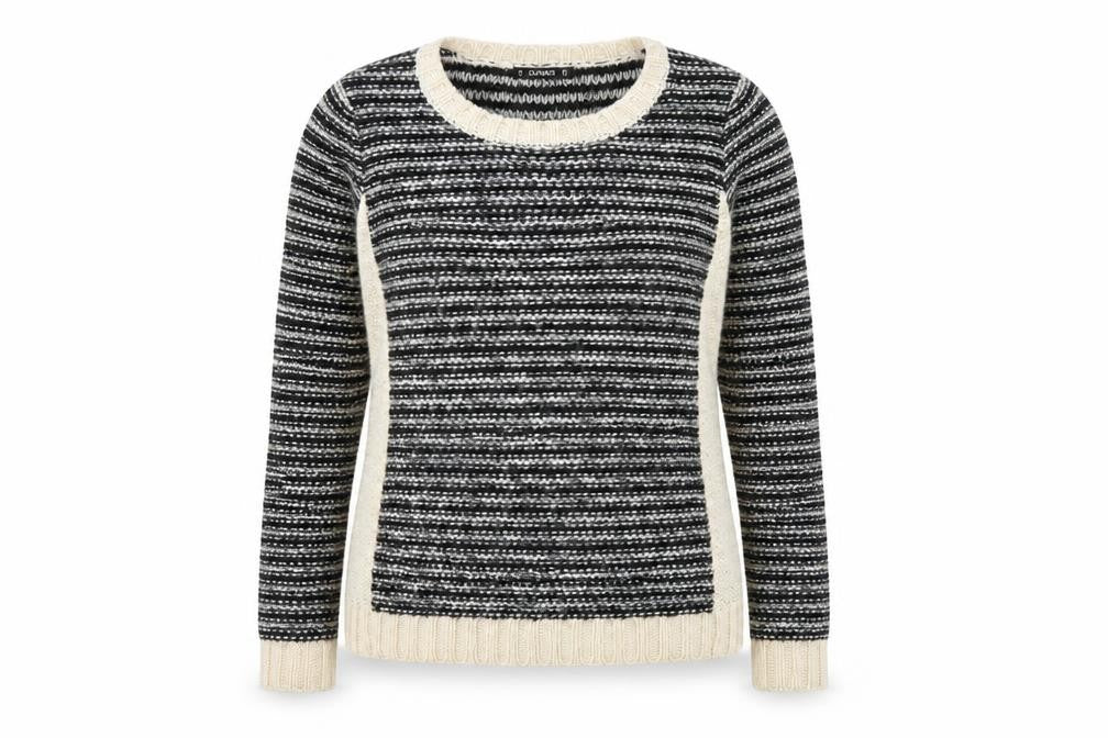 Front view of Dunnes women’s black striped jumper, size UK 10