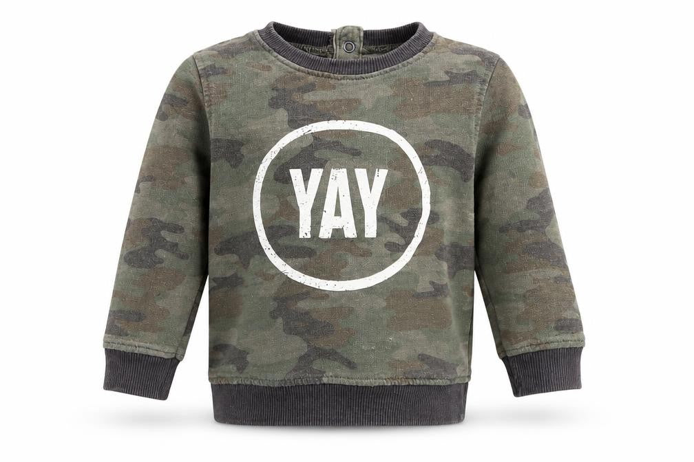 Front view of Babaluno boys’ green camouflage jumper, size 12-18, months