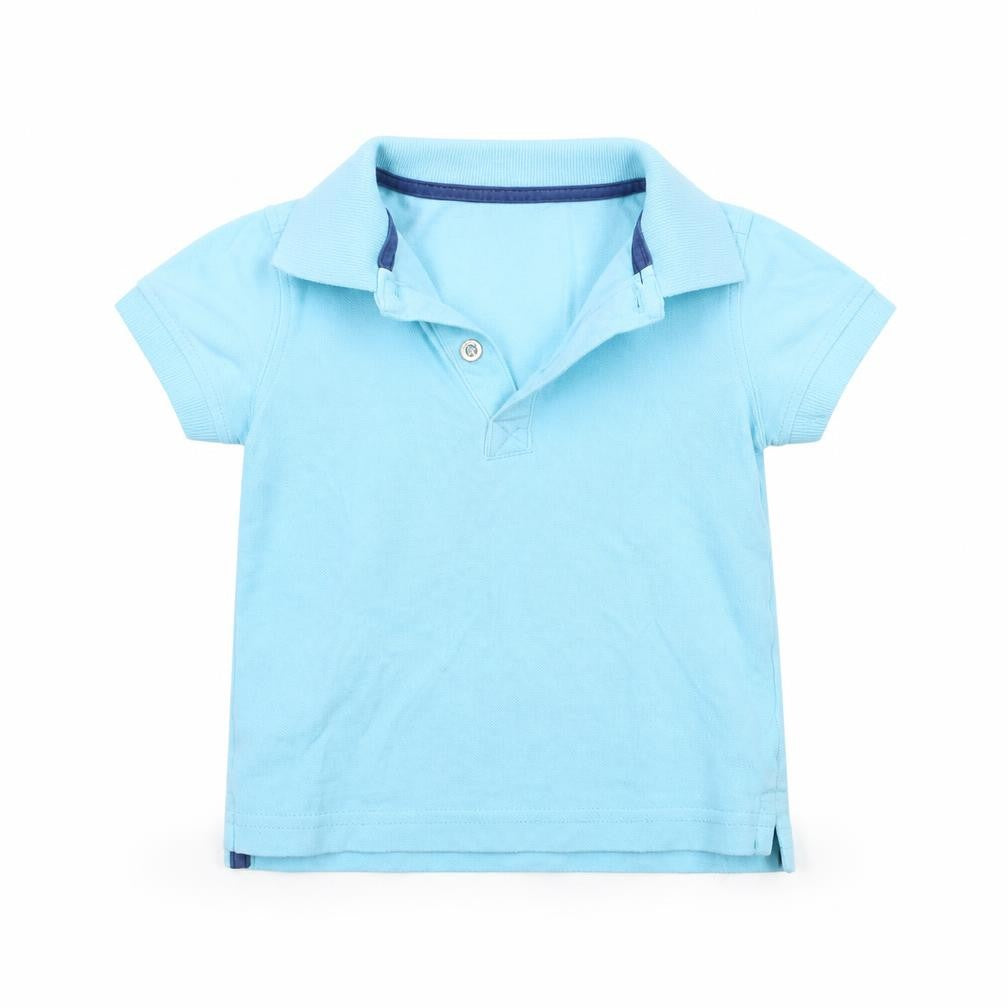 Front view of grain de ble boys’ blue basic polo, size 12-18, months