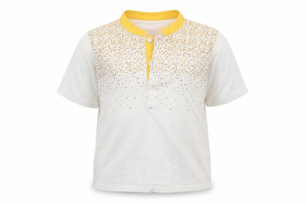 Front view of J Infants boys’ white animal print basic polo, size 6-9, months