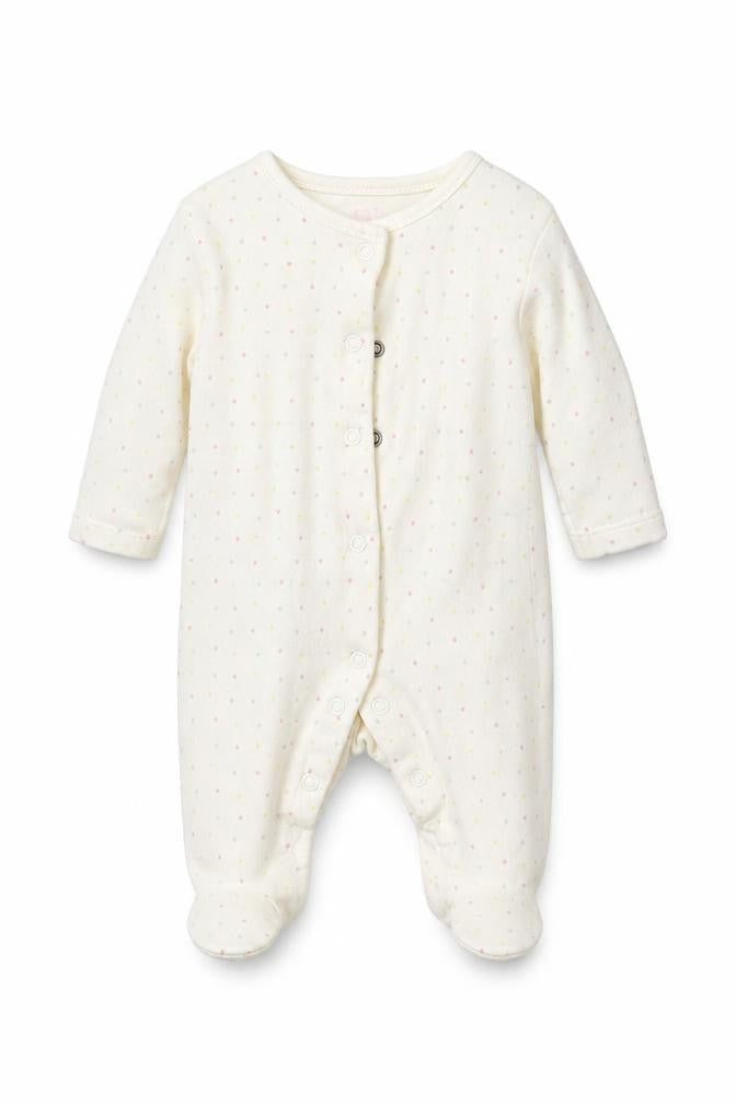 Front view of Early Days girls’ white polka dot babygrow one-piece size newborn