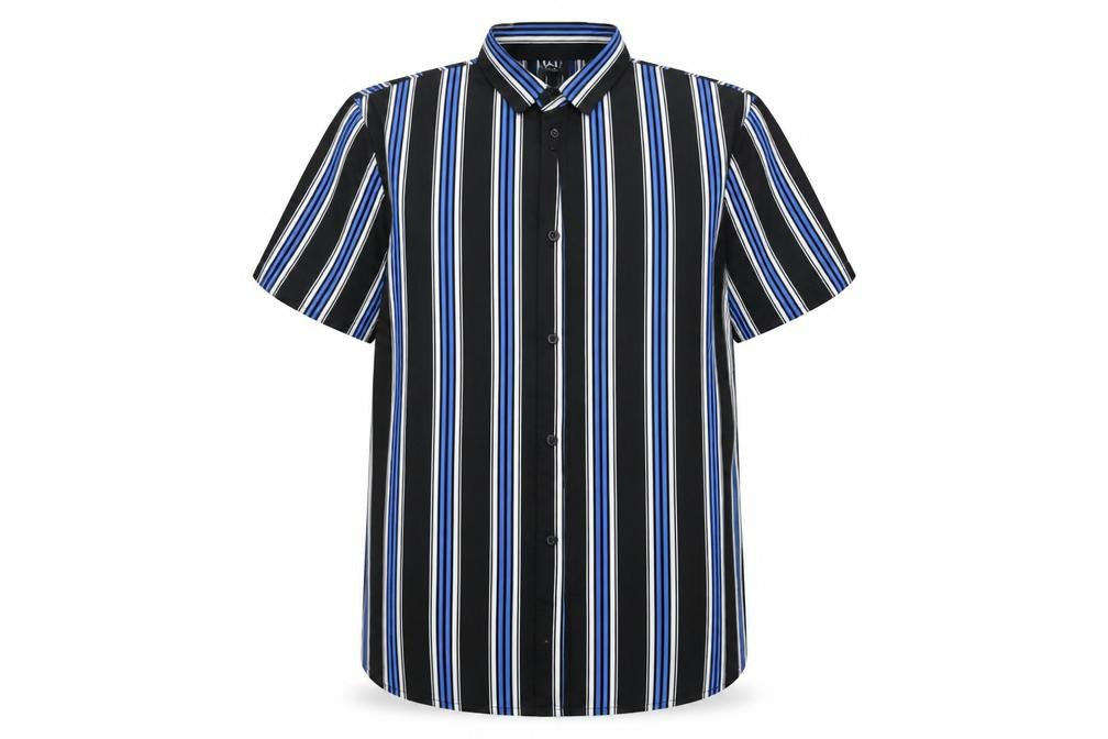 Front view of boohooMAN men’s multicoloured striped button-up, size M