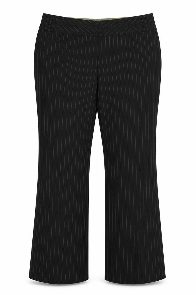 Front view of E-vie women’s black striped trousers, size UK 18, 31-inch leg
