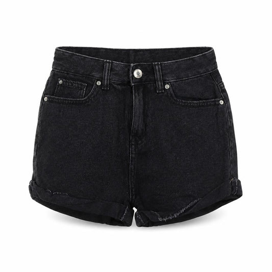 Front view of denim co women’s black cut-off shorts, size UK 4