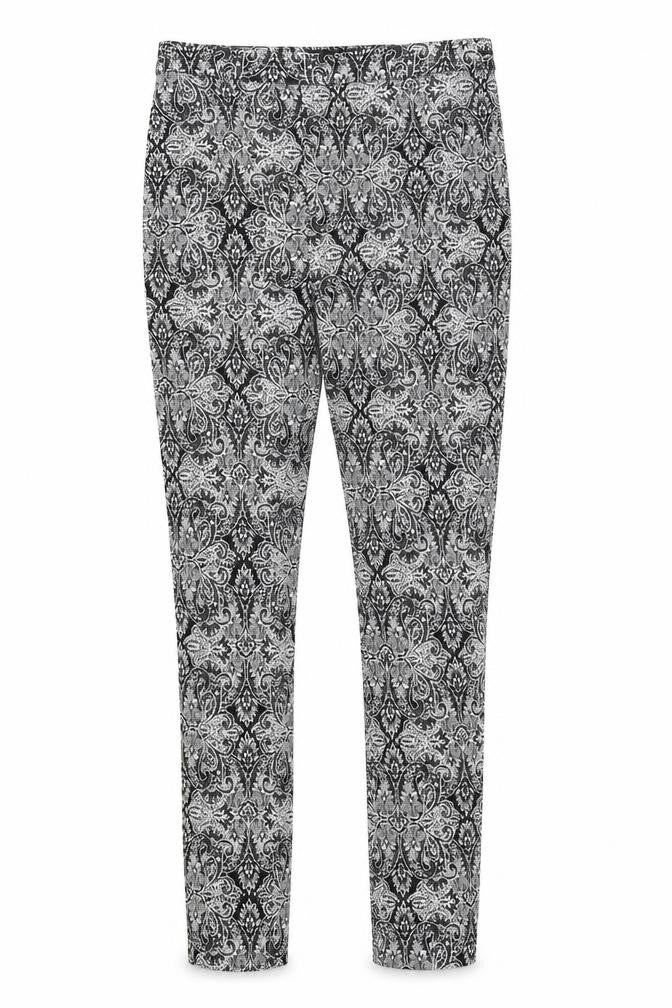Front view of Atmosphere women’s black paisley trousers, size UK 6, 27.5-inch leg