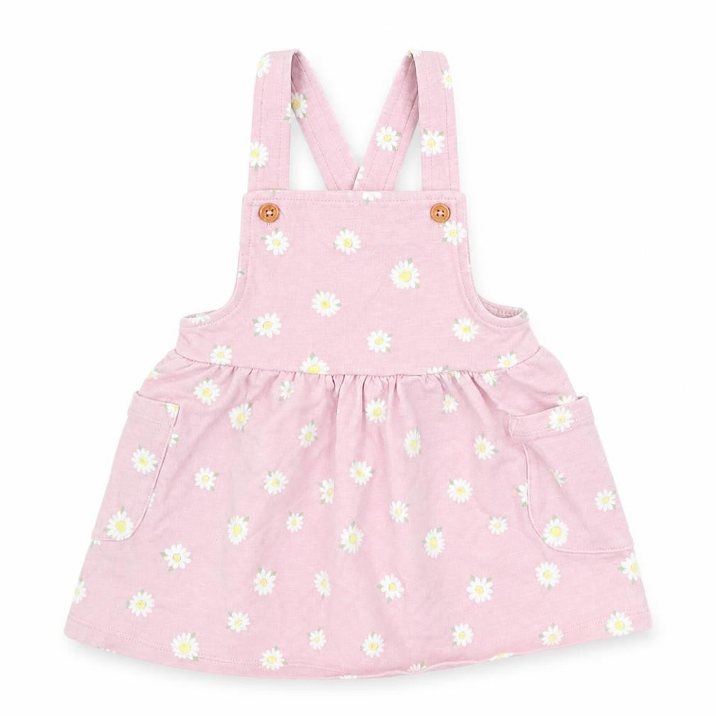 Front view of Nutmeg Baby Pink Floral Pinafore/Dungaree Dress, size 3-6, Months