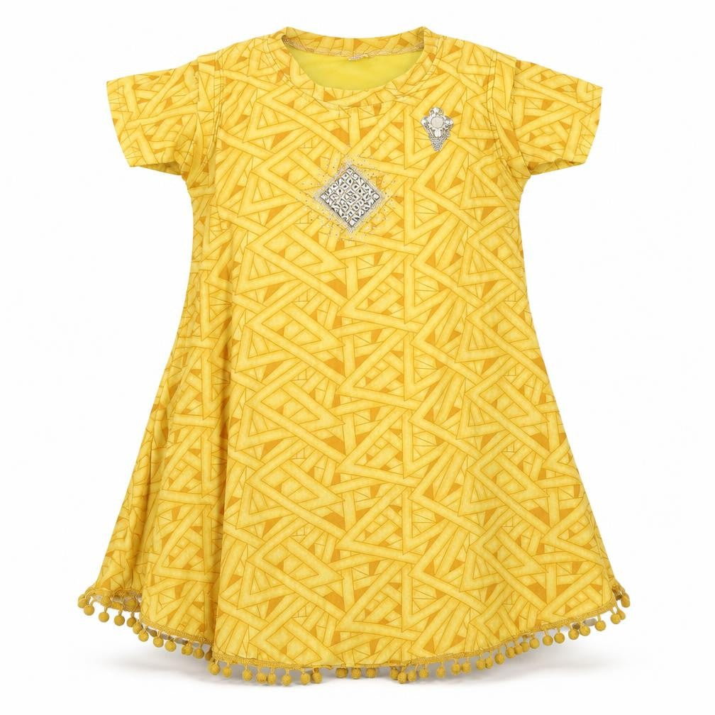Front view of Preworn girls’ yellow geometric tunic t-shirt, size L