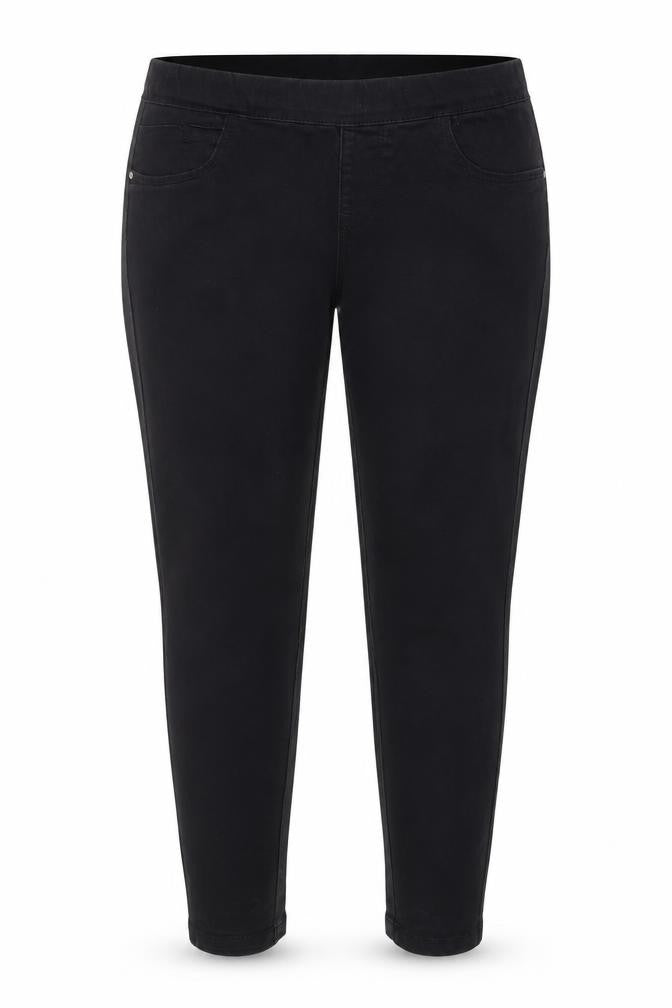 Front view of Denim & Co. women’s black denim tapered jeans, size UK 10, 27-inch leg