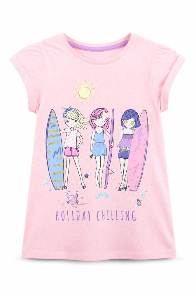 Front view of Little Kids girls’ pink basic t-shirt, size 5-6, years - holiday chilling