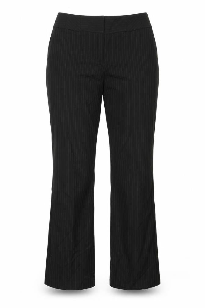 Front view of Evie Collection women’s black striped dress pants trousers, size UK 12, 30-inch leg