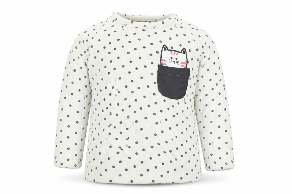 Front view of Preworn Baby White Spotted jumper, size 24, Months - Cat