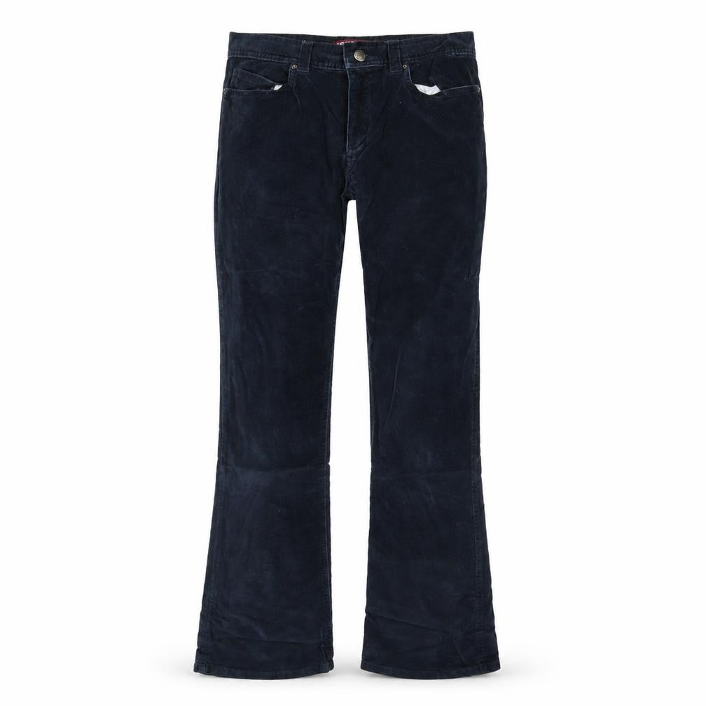 Front view of Denim & Co. women’s blue velour trousers, size UK 10, 30-inch leg