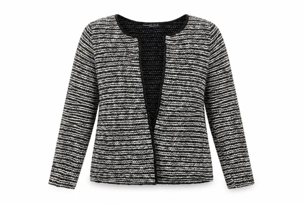 Front view of Atmosphere women’s black striped cardigan jumper, size M