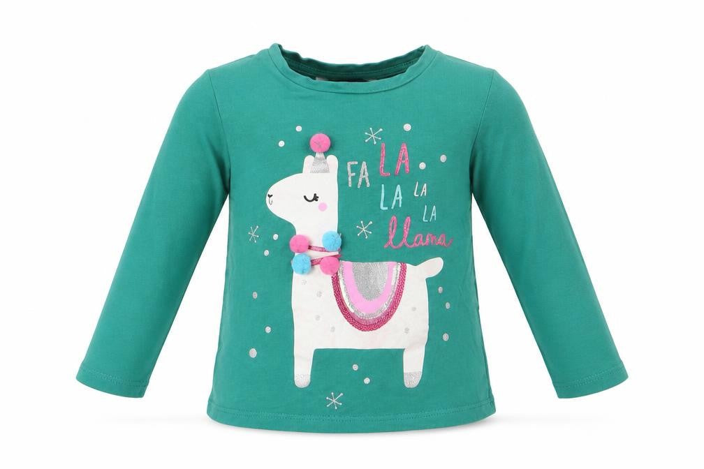 Front view of George girls’ green animal print basic t-shirt, size 12-18, months - fa la la lama