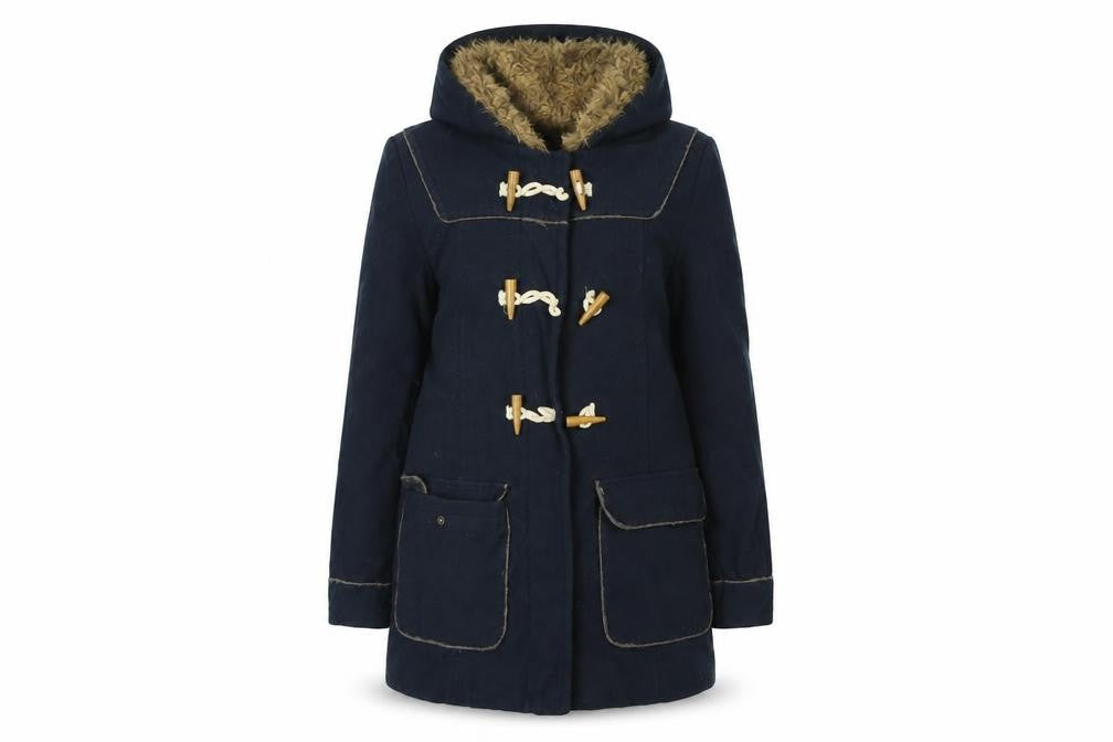 Front view of Internationale women’s blue parka coat, size UK 12