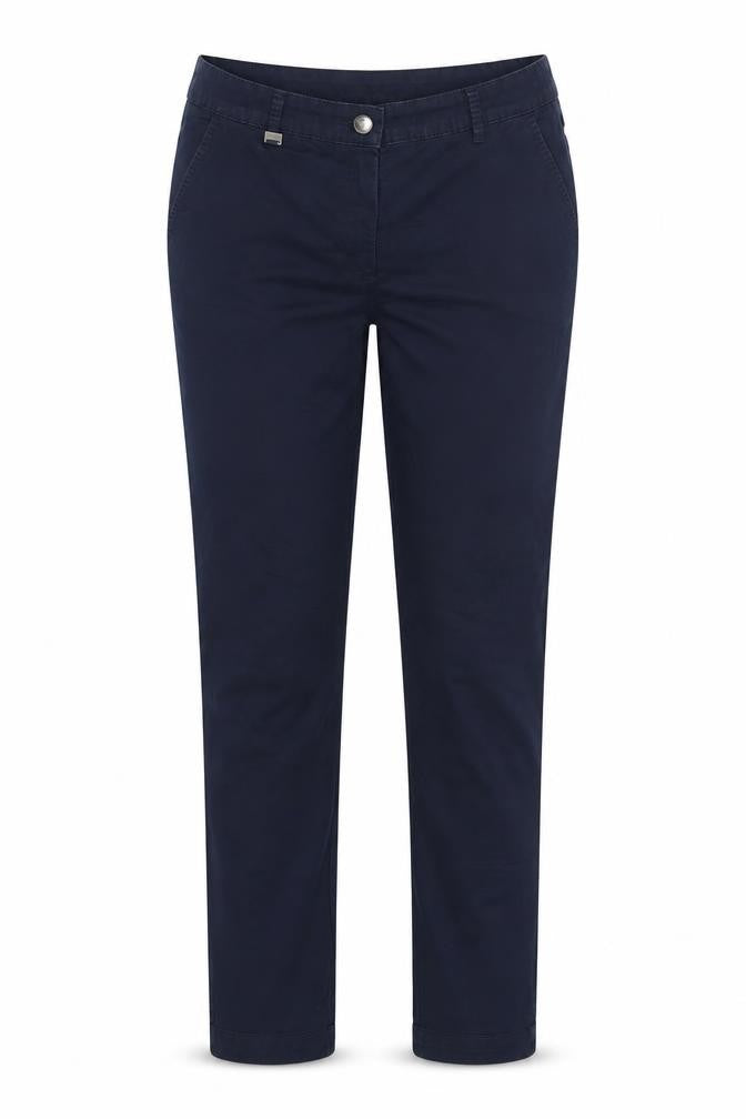 Front view of Canda women’s blue chino trousers, size UK 32, in, 29-inch leg