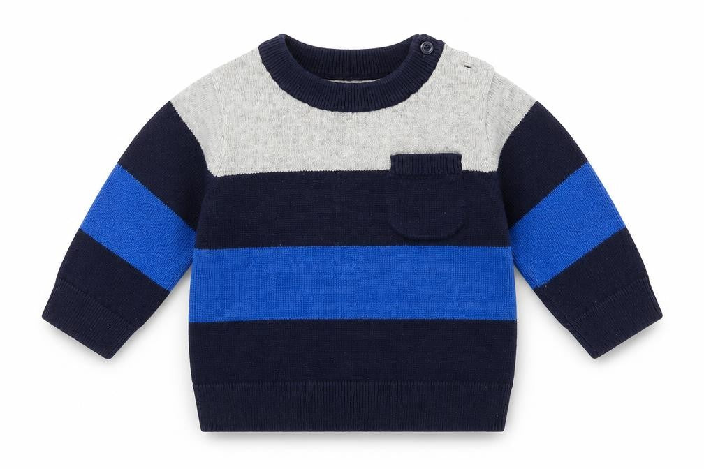 Front view of Gap boys’ blue striped jumper, size 3-6, months