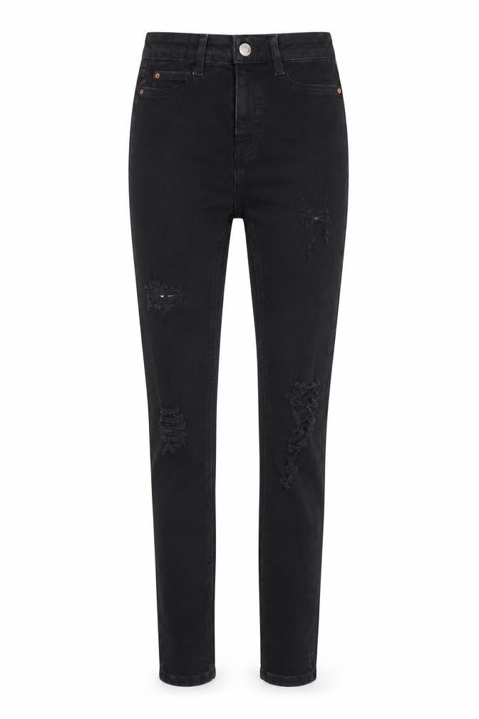 Front view of Denim & Co. women’s black denim skinny jeans, size UK 6, 28-inch leg