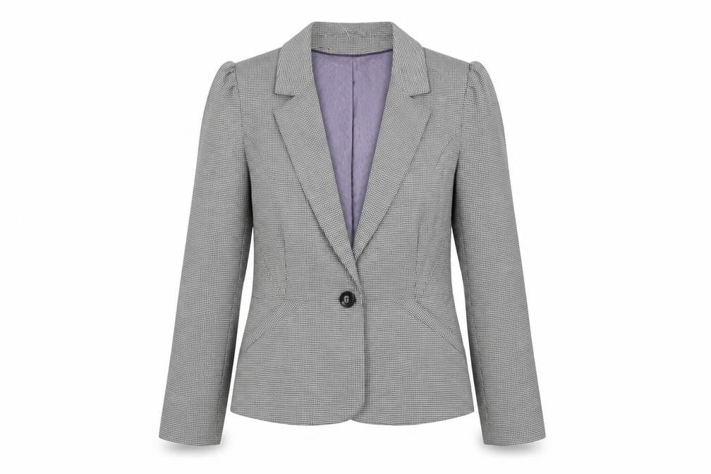 Front view of Atmosphere women’s grey check jacket blazer, size UK 12