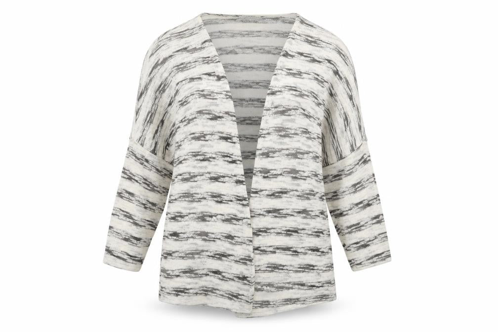 Front view of Atmosphere women’s white striped cardigan jumper, size L