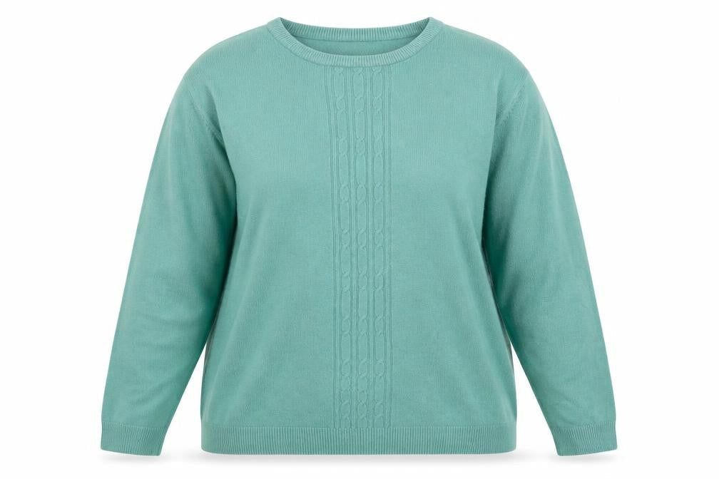 Front view of pure & Natural women’s green jumper, size UK 14