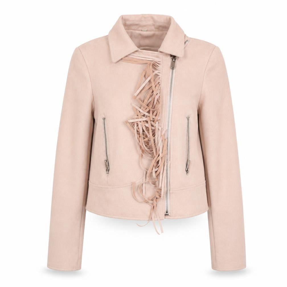 Front view of Preworn girls’ pink jacket coat, size XL, - fringe detail
