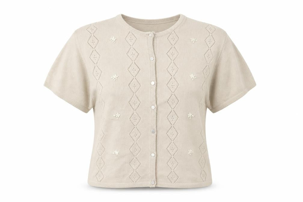 Front view of AKAL women’s beige cardigan jumper, size M