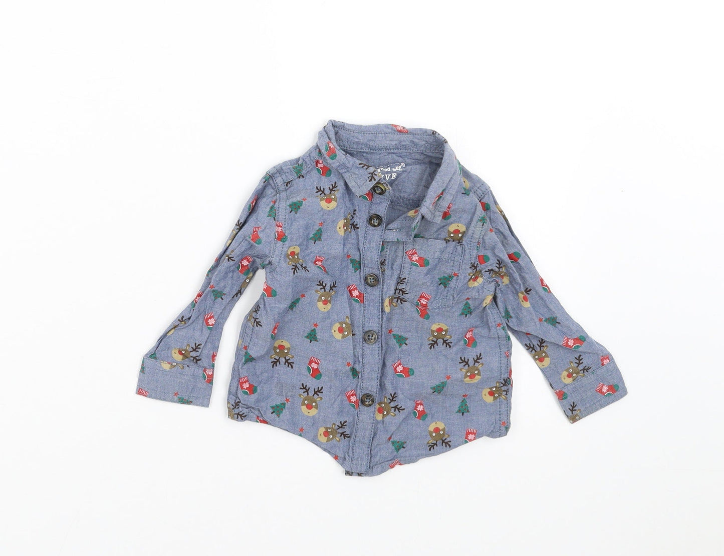 F&F Boys Blue   Basic Button-Up Size 3-6 Months  - Christmas
