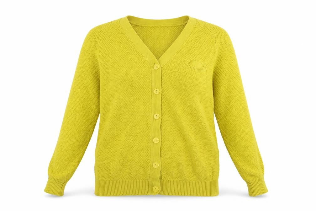 Front view of ASOS women’s yellow cardigan jumper, size UK 8