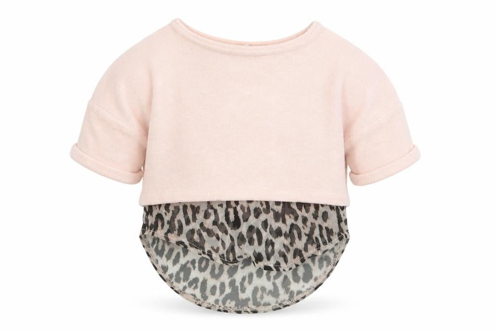 Front view of Mini Club girls’ pink animal print basic t-shirt, size 0-3, months