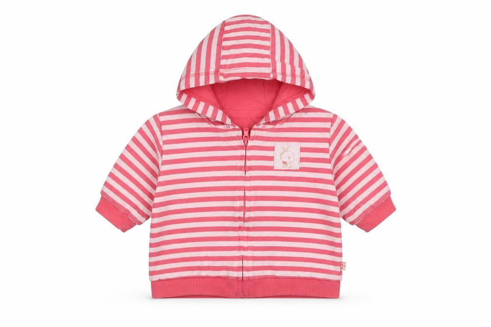 Front view of Mothercare Baby Pink Striped Full Zip Jumper, size 0-3, Months
